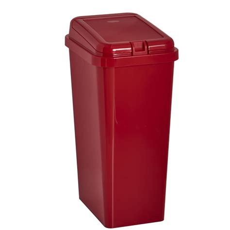 red rectangular kitchen trash bin with liner